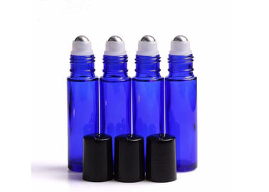 Round Cobalt Blue Glass Roller Bottles For Essential Oils White / Black Cap