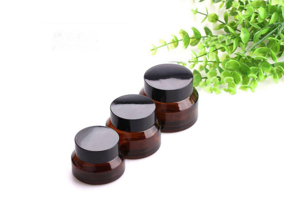 Amber Glass Empty Cosmetic Cream Jar Elegant Black Lid Aluminum Cap