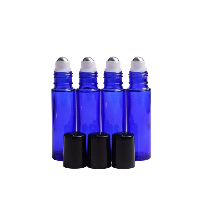 Round Cobalt Blue Glass Roller Bottles For Essential Oils With White/Black Cap‌