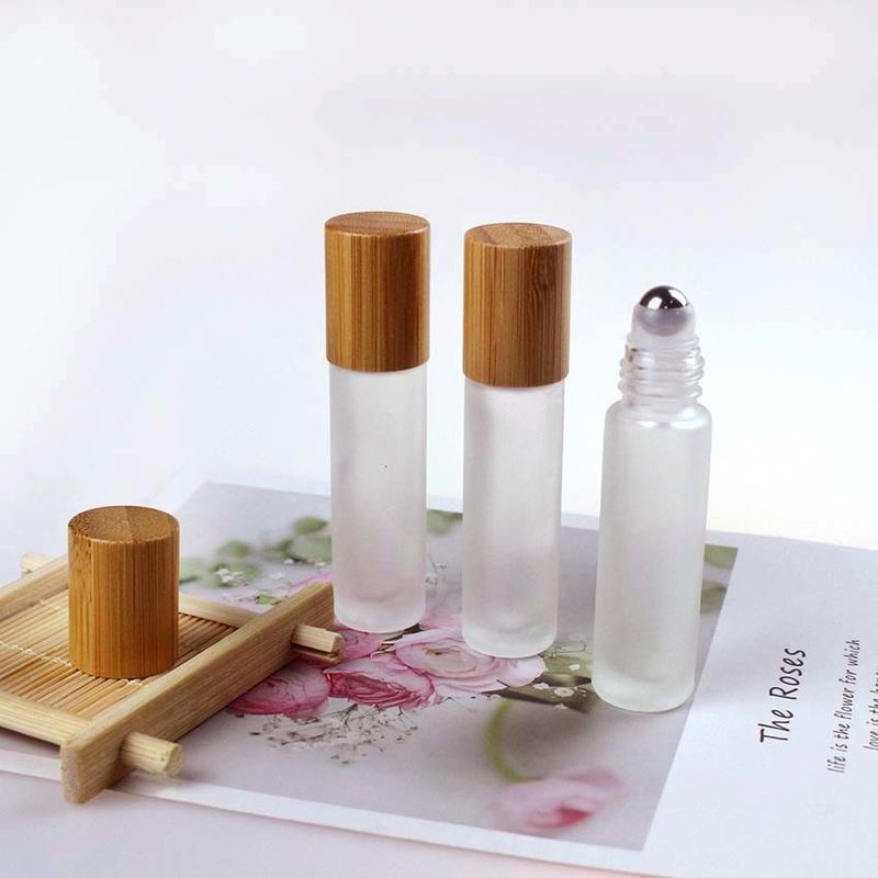 Wood Grain Bamboo Cap 3ml 5ml 10ml Frosted Roller Bottles With Stainless Roller Ball